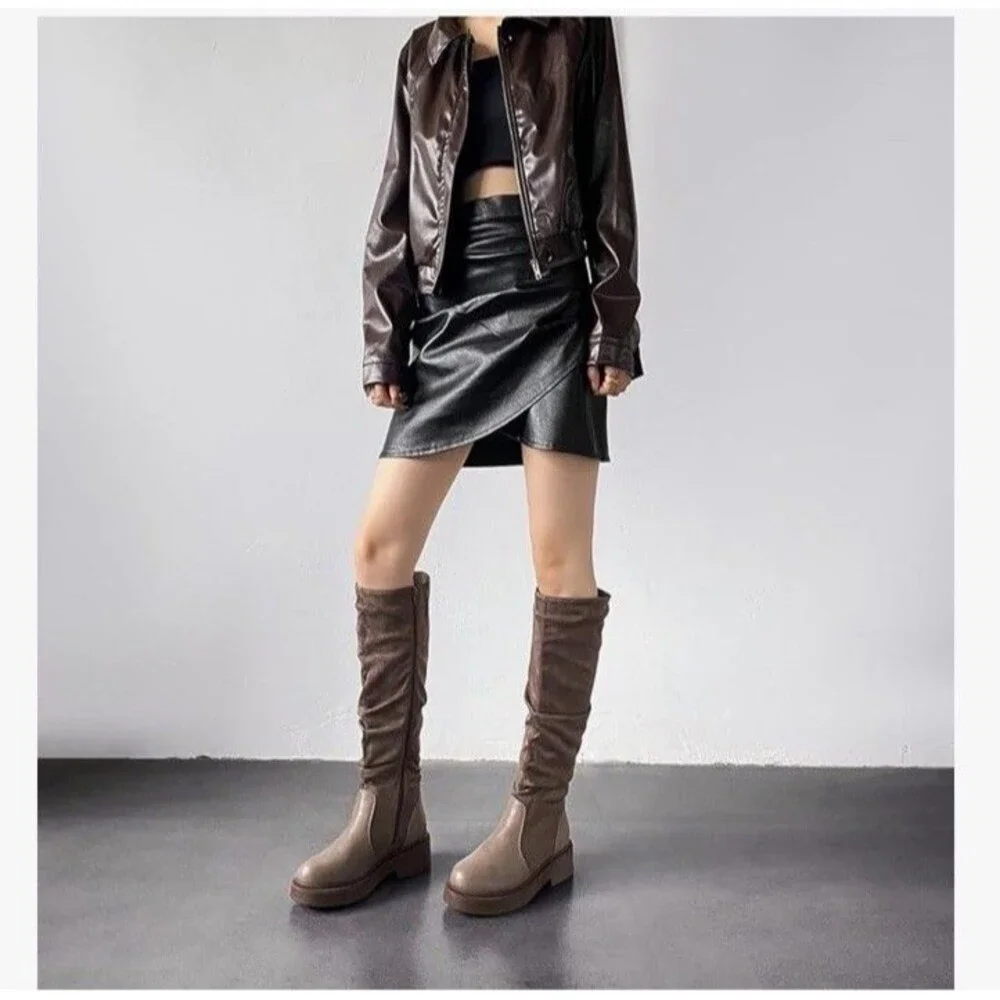 Women's Fashion Thick Heel Riding Boots Grey/brown Side Zipper Durable Size 9